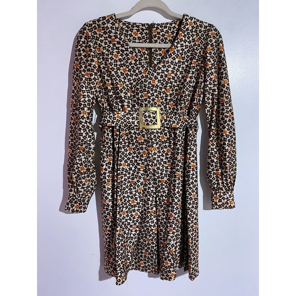 Vintage 70's Dress‎ 7 Brown Flower Power Poppy Psychedelic Floral Retro Dainty